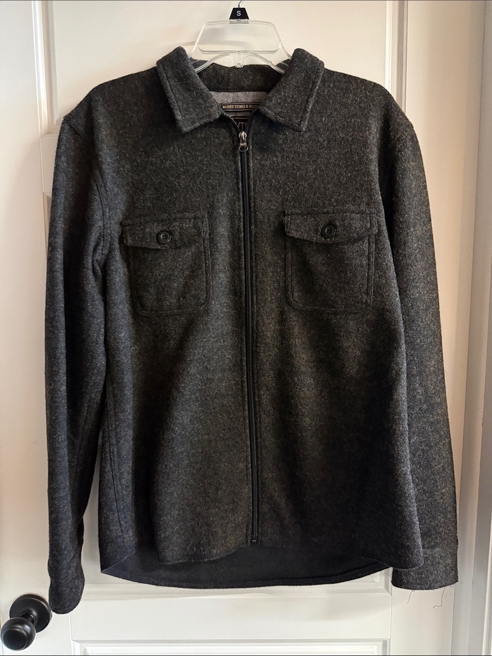 Men's Dark Gray Zip-Front Wool Blend Shirt Jacket